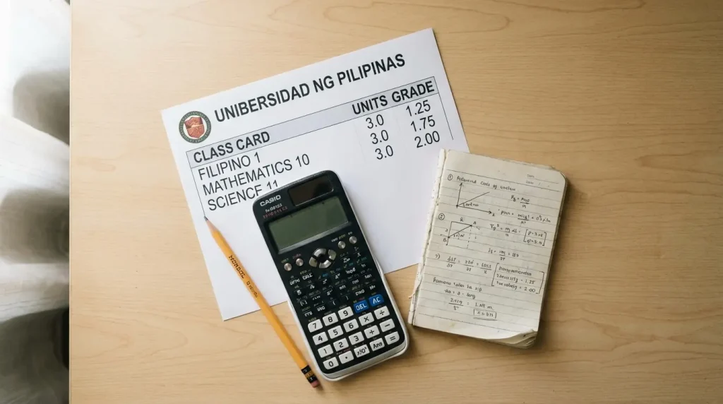 Close-up of a Filipino student's class card, calculator, and handwritten GWA computation notes on a study desk