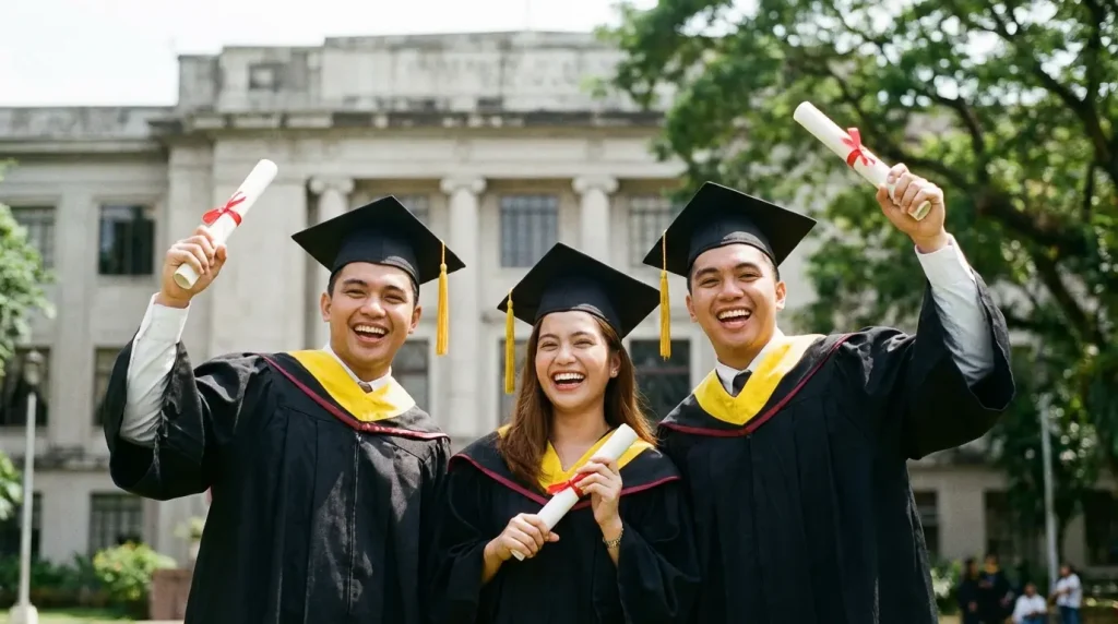 Filipino college graduates in graduation gowns smiling and holding diplomas in front of a university building