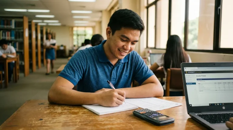 Filipino college student computing GWA while reviewing grade sheets and using a calculator at a university study desk