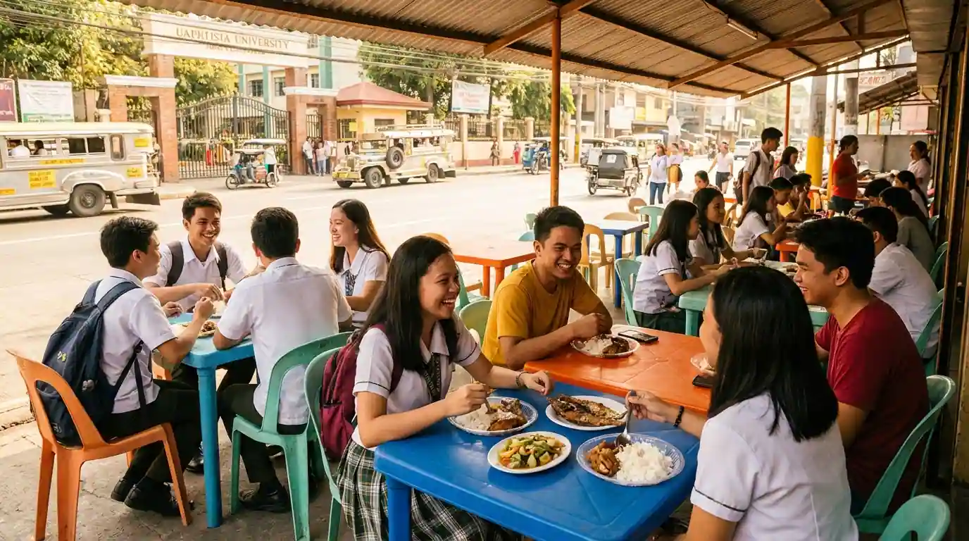 Filipino college students eating affordable lunch together at a carinderia near their university campus
