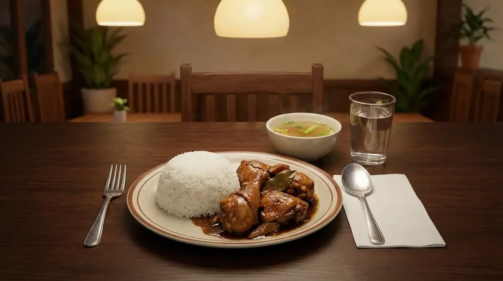 A plated Filipino home-style meal of rice and adobo with a glass of water on a clean restaurant table, typical of an Amber Restaurant meal
