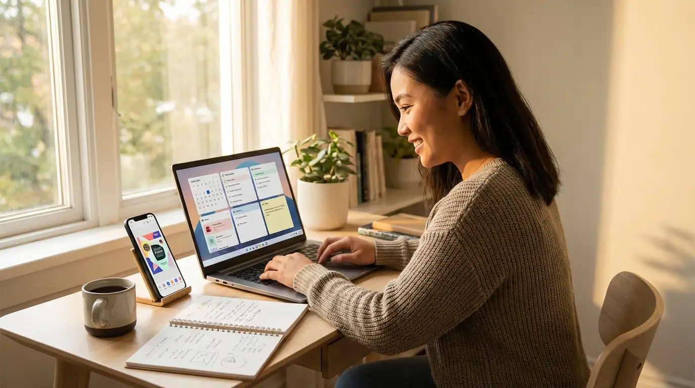 Filipino college student using free study apps on a laptop and smartphone at a bright modern study desk