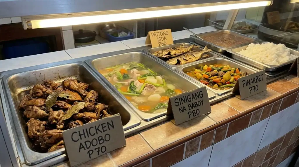 Close-up of a carinderia food display with Filipino dishes like adobo, sinigang, and fried fish in metal trays, priced affordably for students
