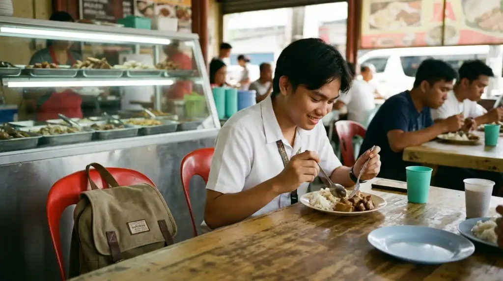 Filipino college student eating affordable carinderia meal near campus — food budgeting college Philippines