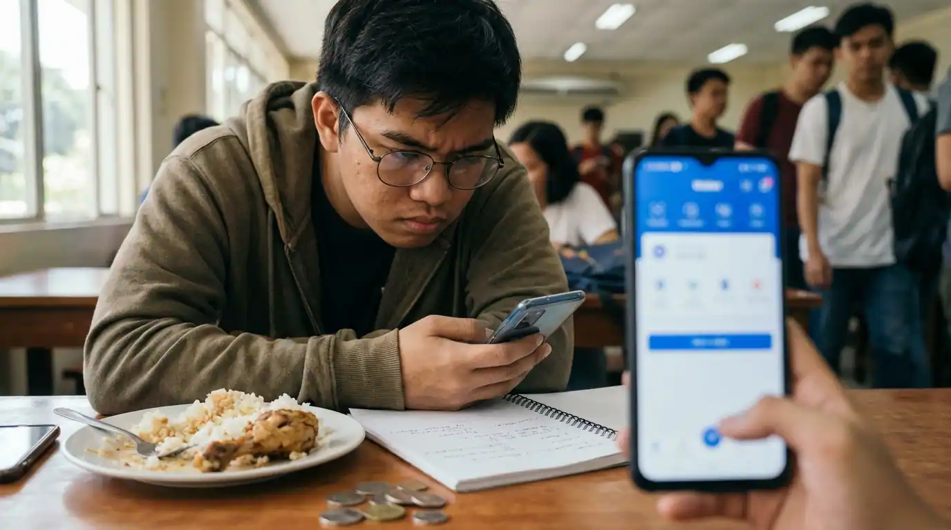 Filipino college student checking GCash balance on phone with worried expression — college allowance budgeting Philippines