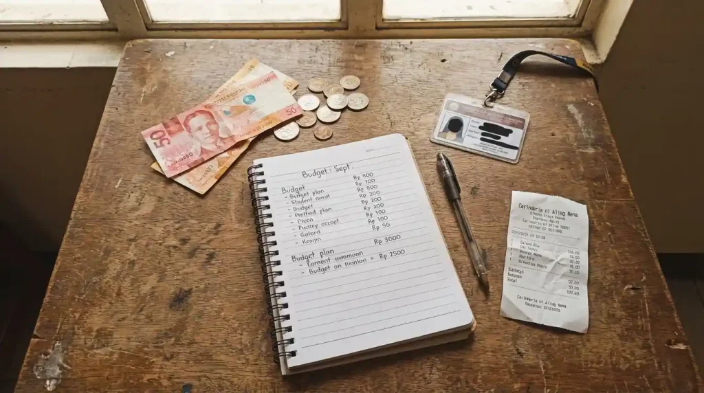 Filipino college student counting money and writing budget plan in notebook — student allowance budgeting Philippines