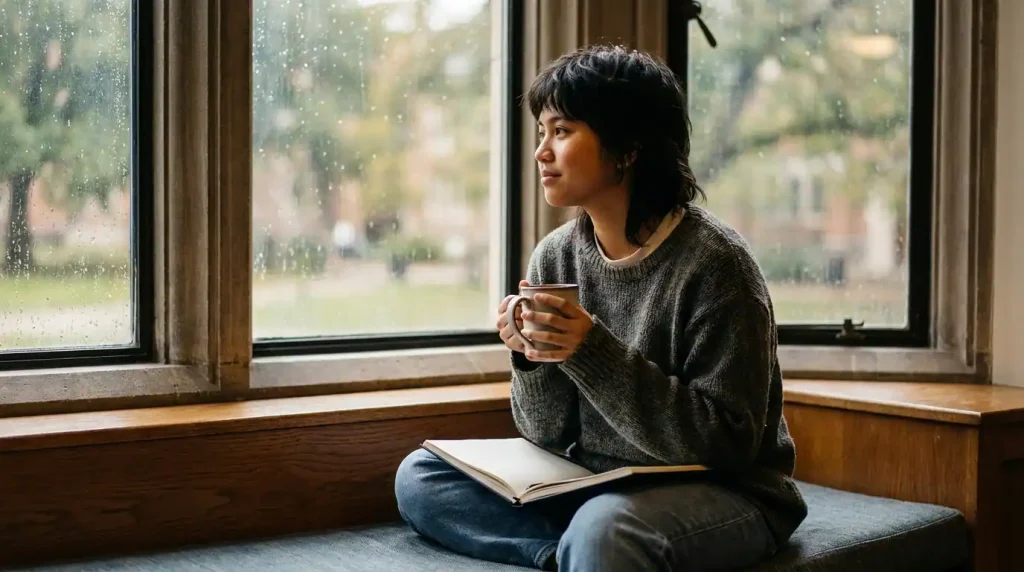 Filipino college student sitting quietly alone near a window looking reflective — mental health awareness college Philippines