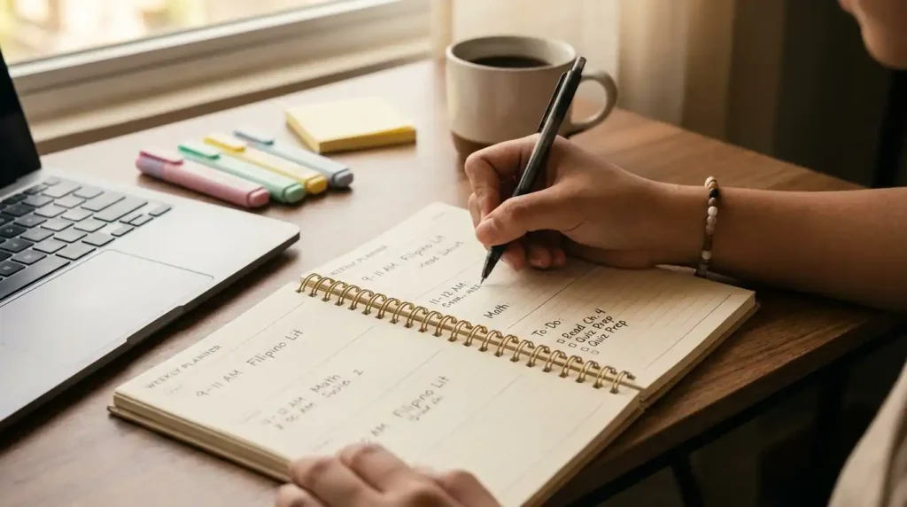 Filipino college student writing weekly study schedule in planner — time management tips first year college Philippines