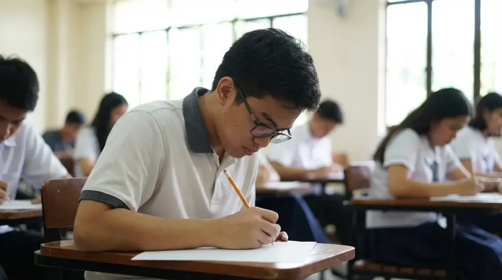 Filipino student taking a written qualifying examination in a school testing room