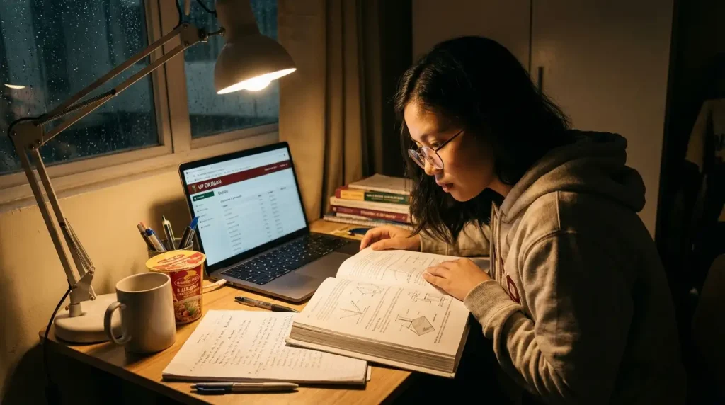 Filipino DOST scholar studying late at night with engineering and science books open on the desk