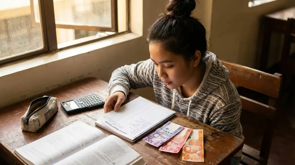 Filipino college student counting money for monthly stipend with textbooks and school supplies on the table