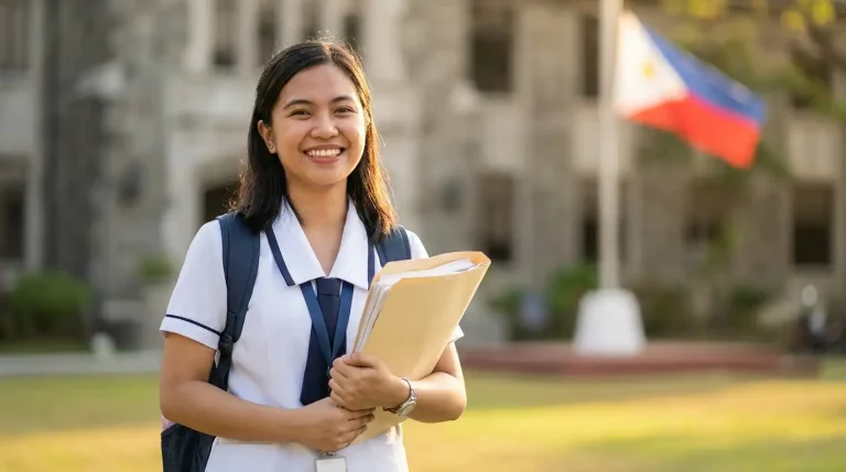 Filipino student in school uniform holding documents and smiling, with Philippine science and technology imagery in the background