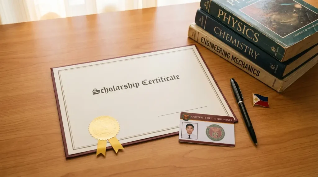 DOST-SEI scholarship certificate and student ID on a study desk with books and a pen