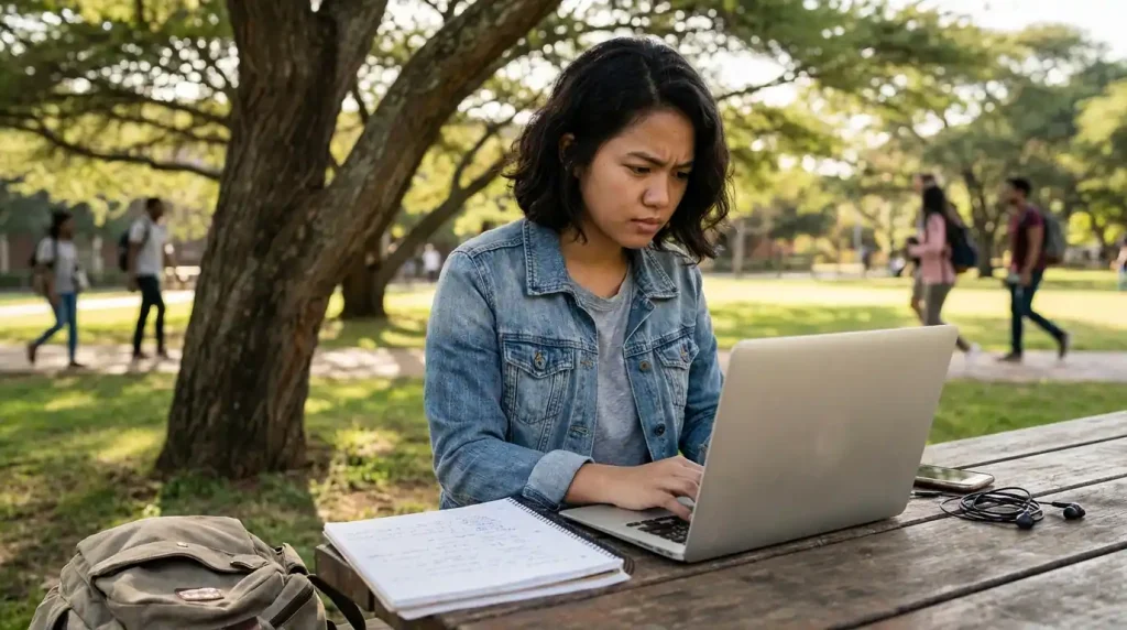 Filipino college student working on laptop for freelance side hustle between classes — student side hustle Philippines