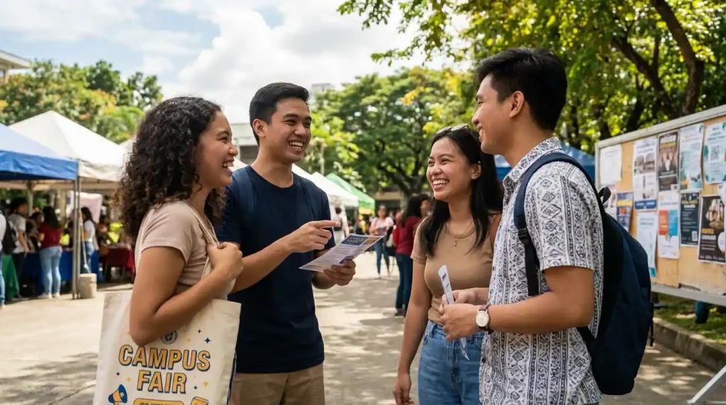 Group of Filipino college freshmen laughing together on campus grounds during org fair — college social life Philippines