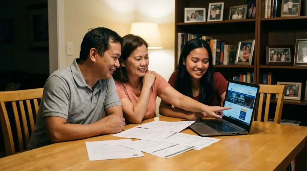 Filipino family sitting together at home reviewing scholarship application documents and a university website on a laptop