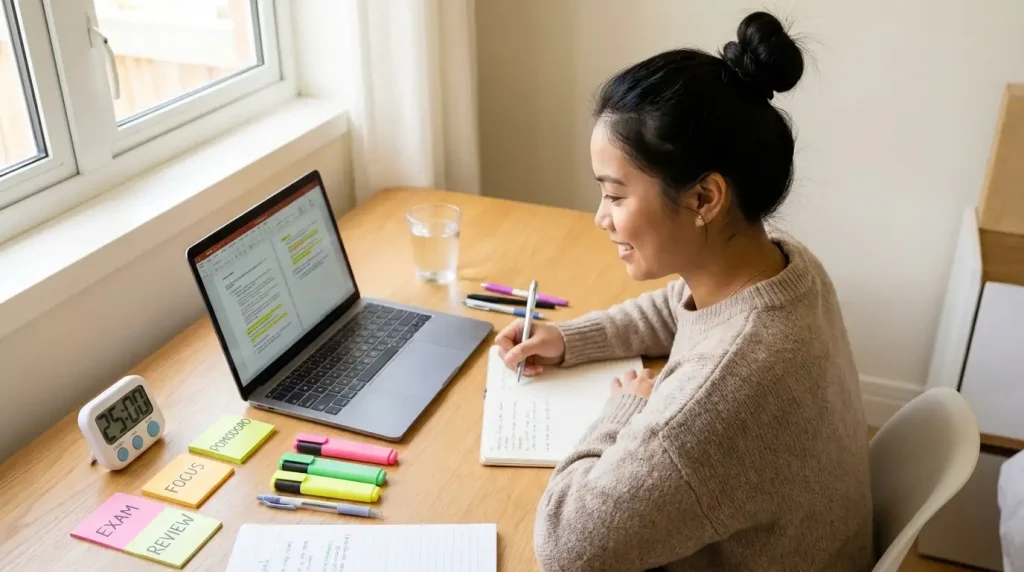 Filipino college student using the Pomodoro technique with a timer, organized notes, and a laptop on a clean study desk