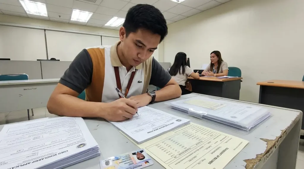 Filipino college student filling out a government scholarship application form at an office desk with organized documents