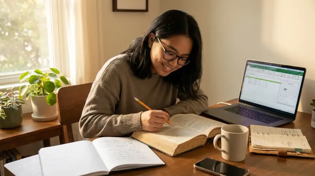 Filipino college student studying with textbooks open beside a laptop showing online work — balancing studies and online work Philippines