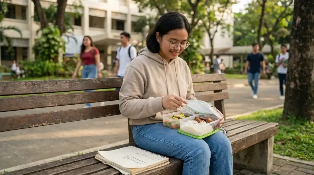 A Filipino college student opening a packed baon lunchbox on a campus bench, with a small notebook showing a weekly meal budget written out
