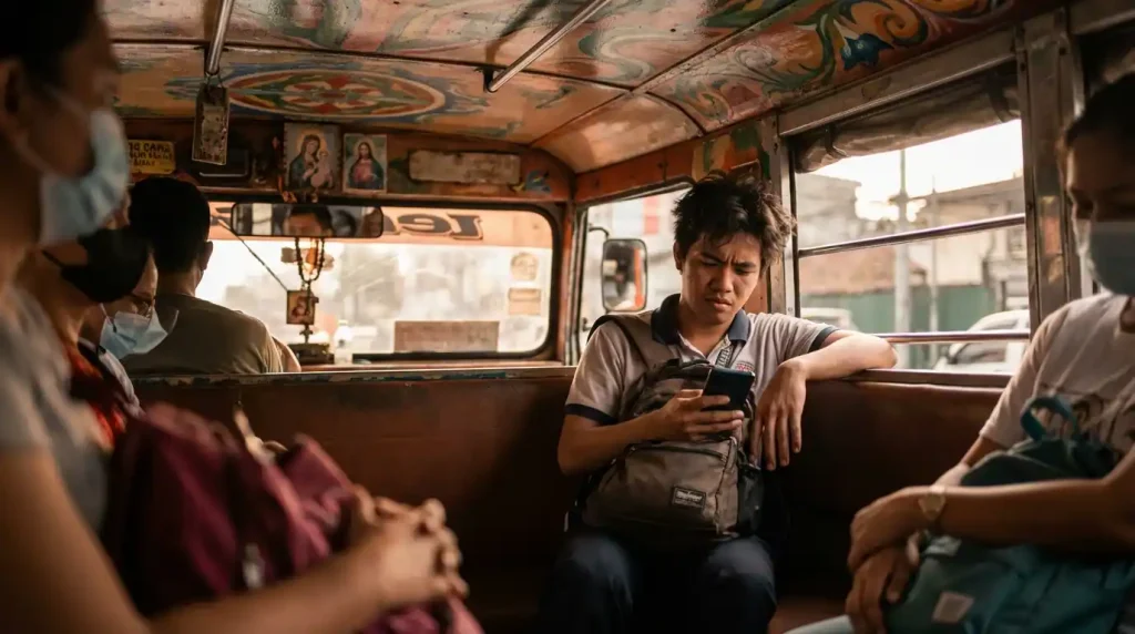 Filipino college student checking GCash balance on phone inside a jeepney with worried expression — earn money online Philippines student