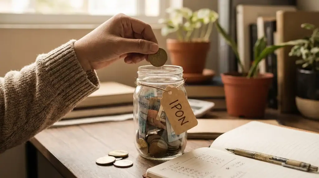 Filipino college student dropping coins into a small savings jar with peso bills on desk — daily saving habit college Philippines