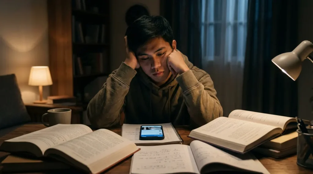 Tired Filipino student distracted by smartphone at night with unfinished notes and textbooks on the desk