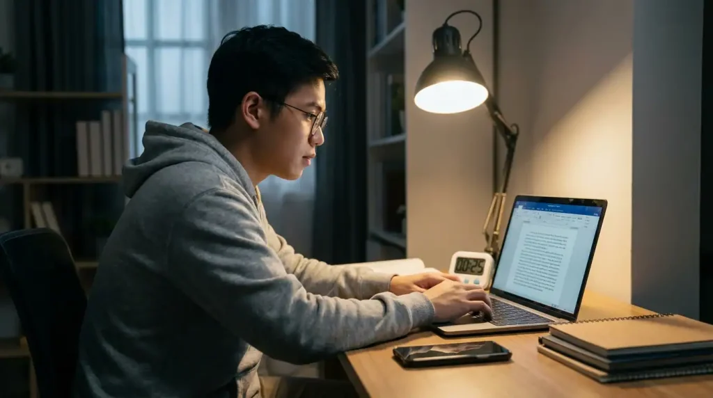 Filipino student studying with full focus at a quiet desk with phone face down and a timer set for a productive study session