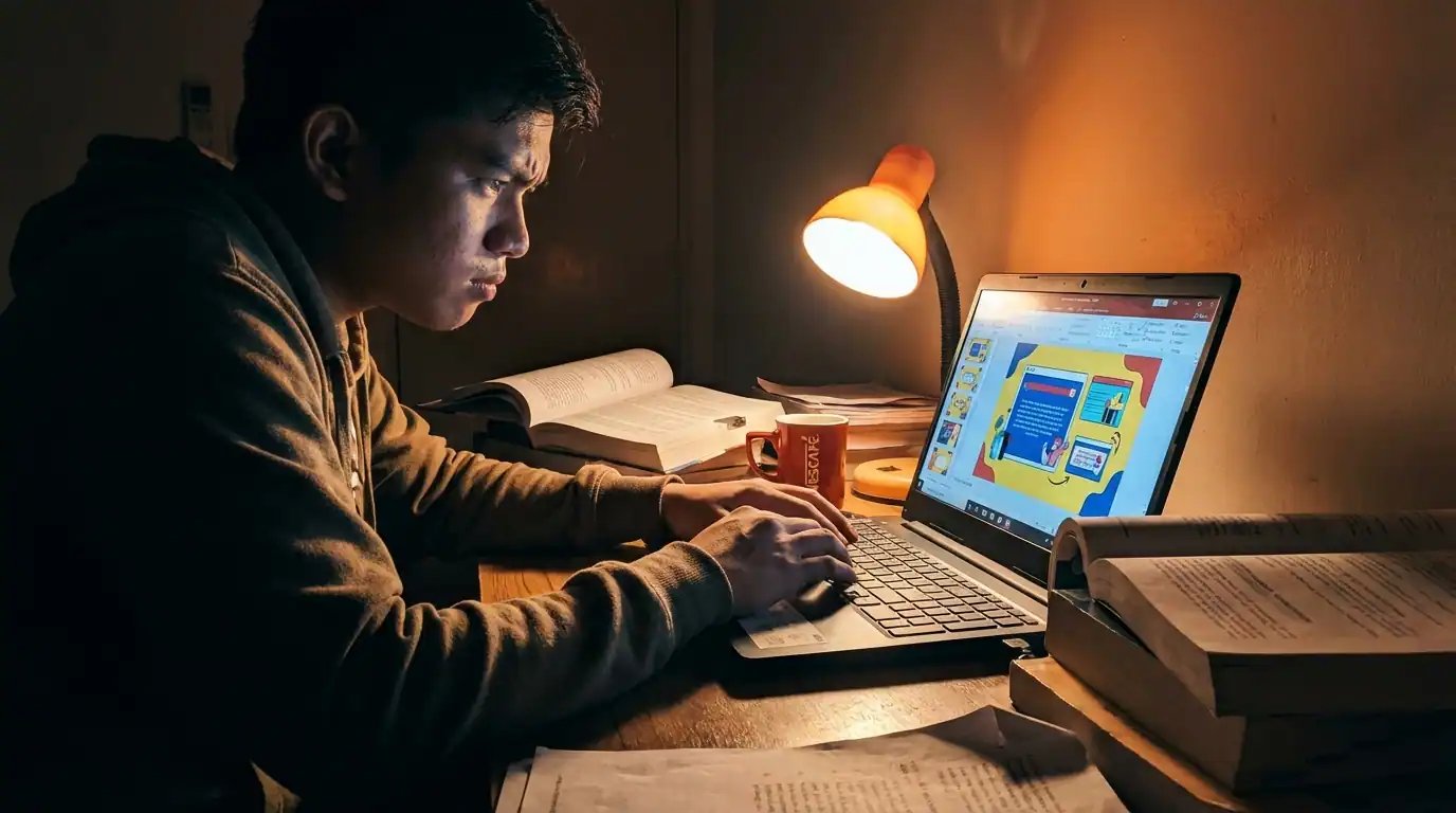 Filipino college student working on a school project late at night using a Windows laptop