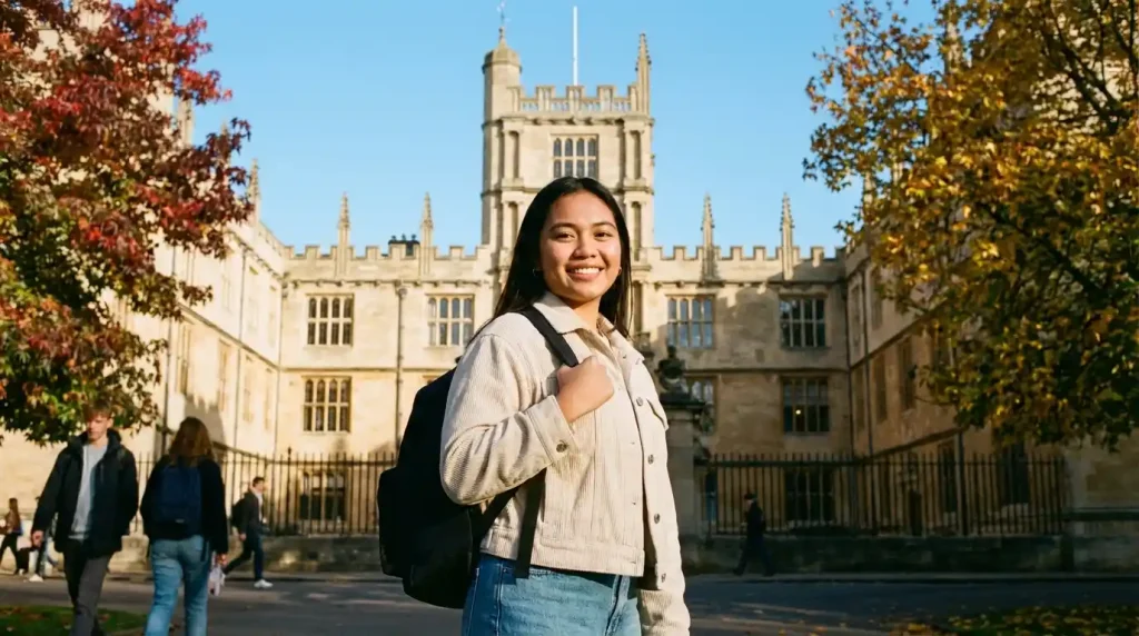 Confident Filipino student standing in front of an international university campus abroad after receiving an overseas scholarship