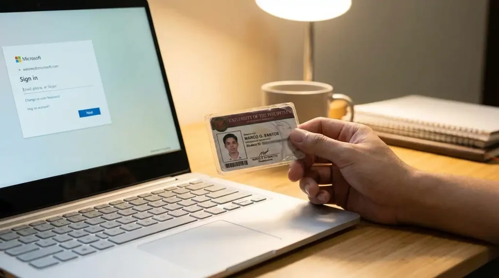 Filipino student accessing a free Microsoft account for school using a Windows laptop