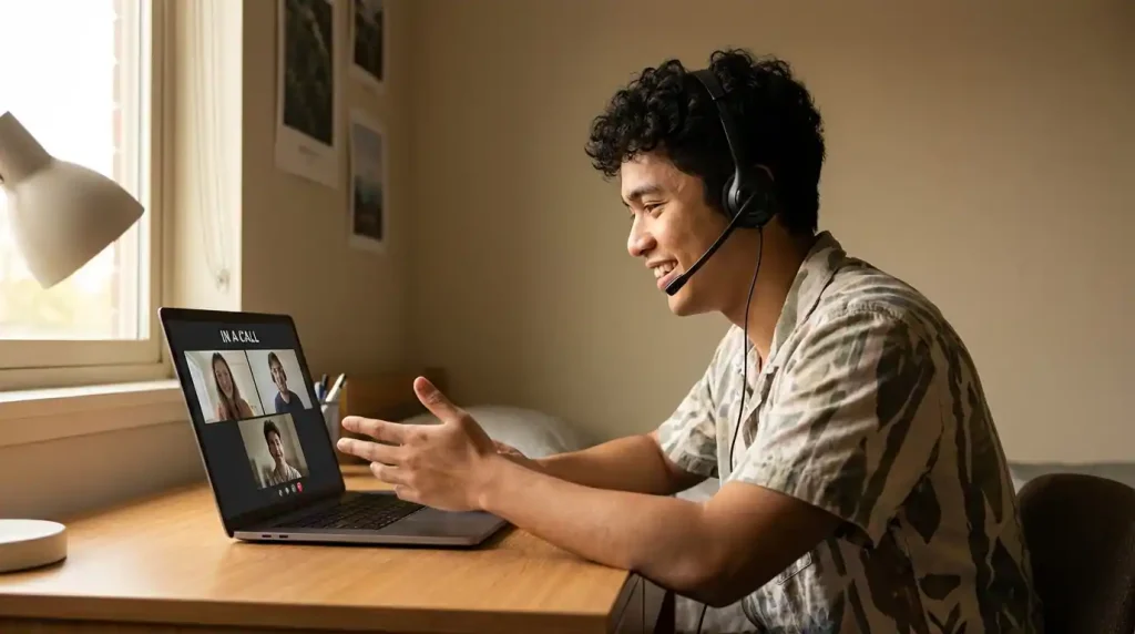 Filipino college student wearing headset and talking to online student on laptop screen — online English tutor Philippines