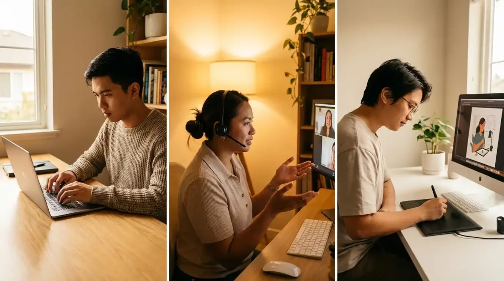 Collage of Filipino college students doing different online jobs including writing tutoring and design — online jobs for students Philippines