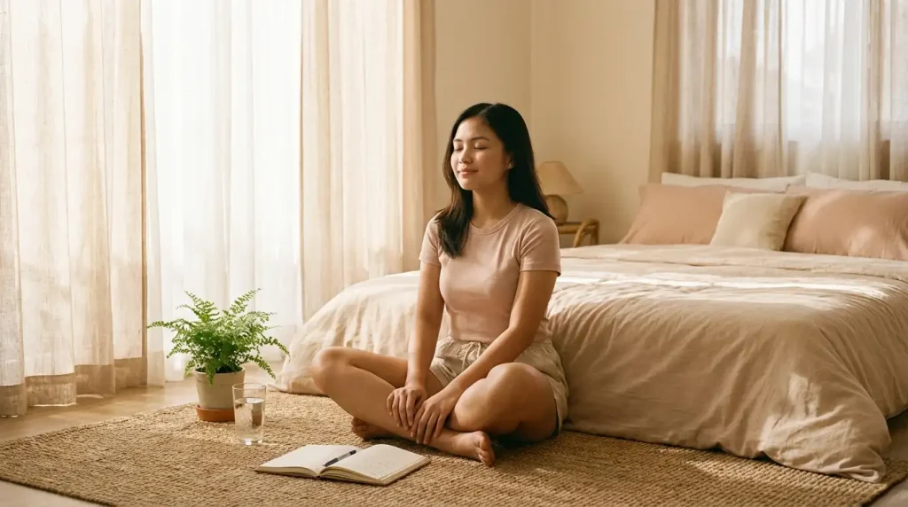 Filipino student relaxing peacefully in a bright bedroom as part of a healthy academic and mental wellness routine