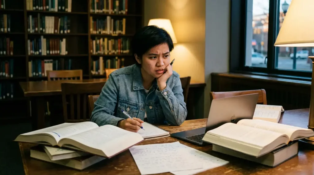 Filipino college student studying alone at a desk surrounded by books and notes — college academic challenges Philippines