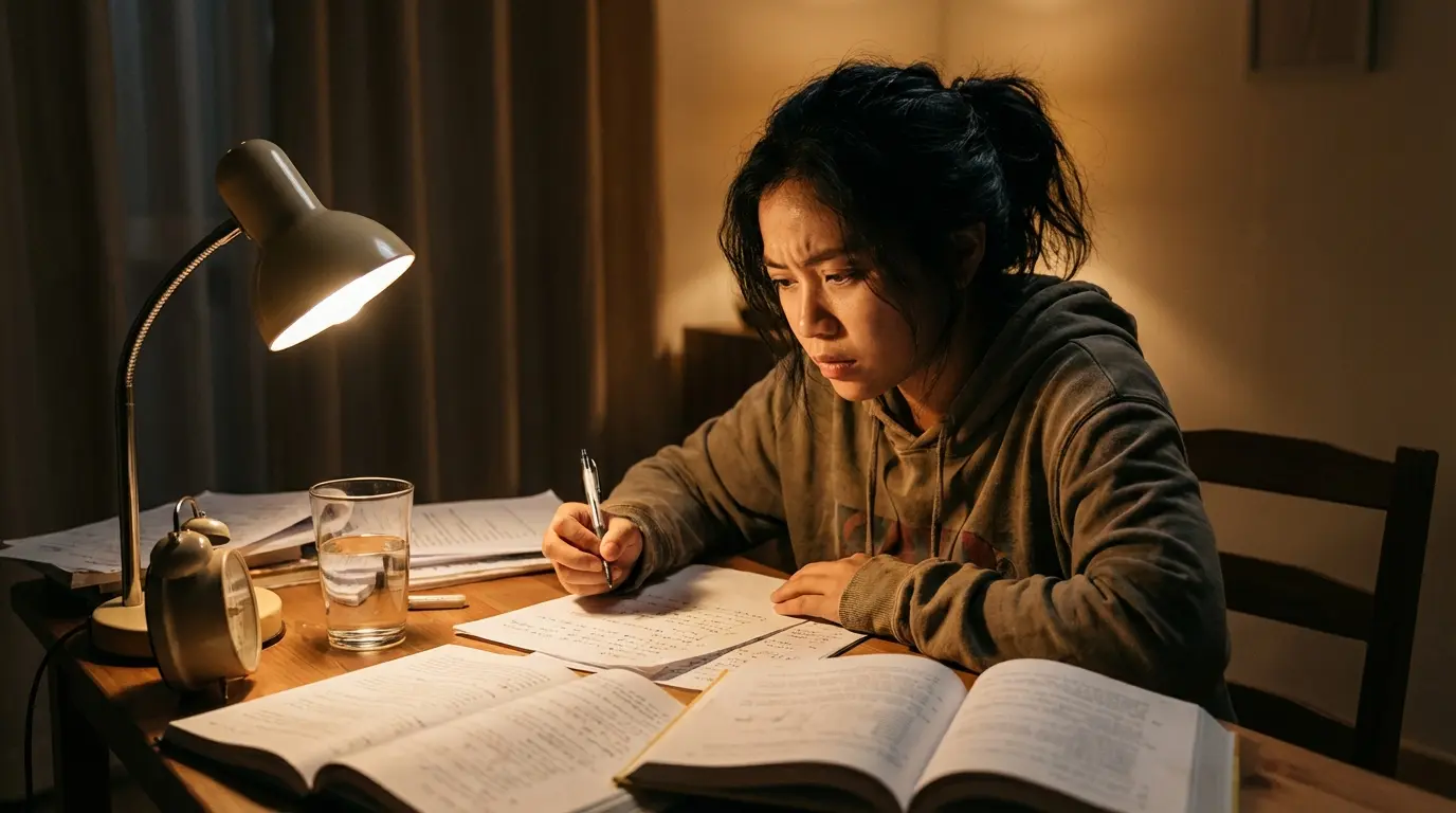 A Filipino college student studying at a desk late at night with notes and a glass of water