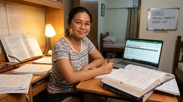 Filipino college student studying at a desk with textbooks, notes, and a laptop to improve grades this semester