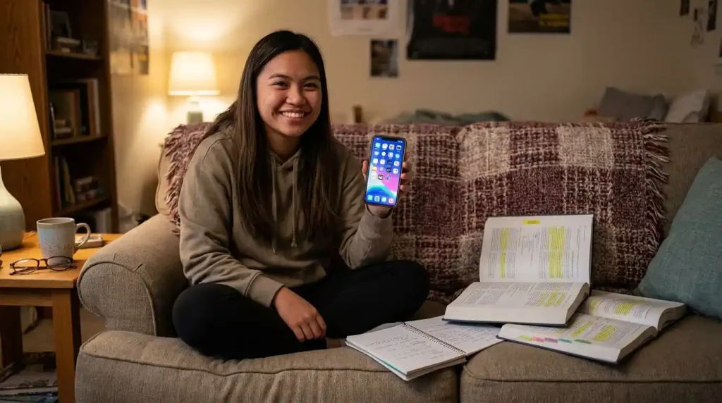 Happy Filipino college student using study apps on a smartphone while sitting with textbooks and notes nearby