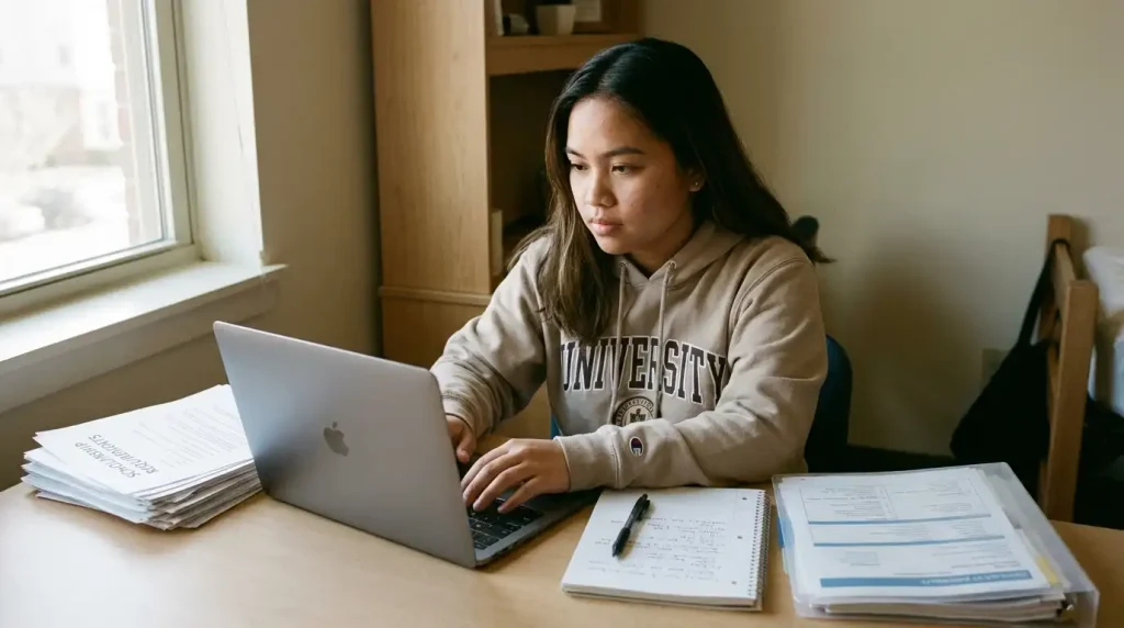 Filipino college student writing a scholarship application personal essay on a laptop with organized documents on the desk