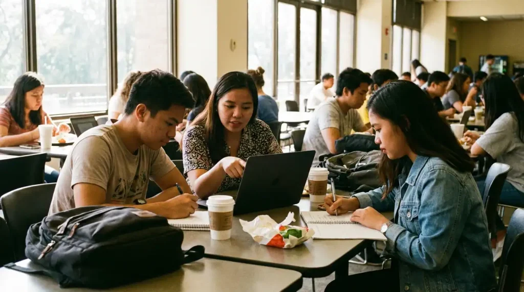 Filipino college students collaborating on a group school project using a shared laptop