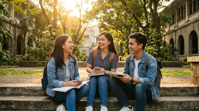 Filipino college freshmen sitting on campus steps with backpacks smiling — first year college Philippines guide