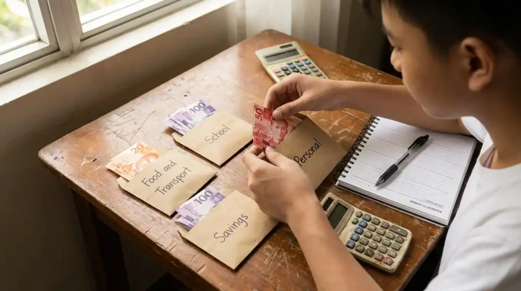 Filipino college student organizing weekly allowance into four labeled envelopes on a desk — student budgeting system Philippines