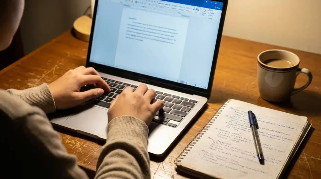 Filipino college student writing freelance content on laptop at a study desk — freelance work Filipino students Upwork Philippines