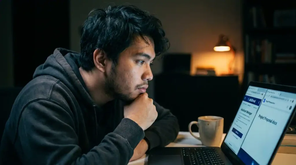 Filipino fresh graduate searching for jobs online late at night with a resume document open on screen