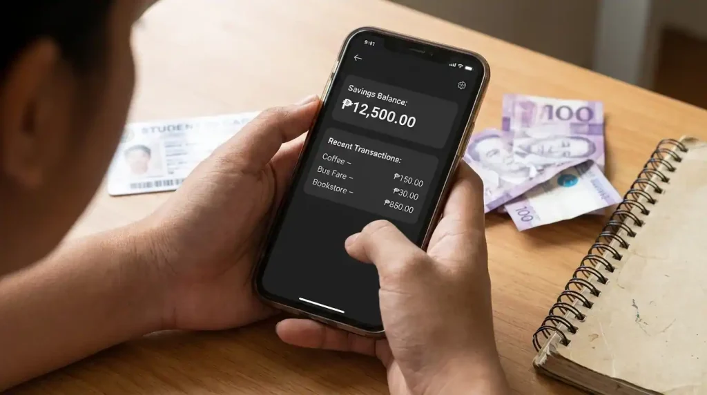 Filipino college student using mobile banking app on smartphone to manage savings — GCash budgeting tips Philippines