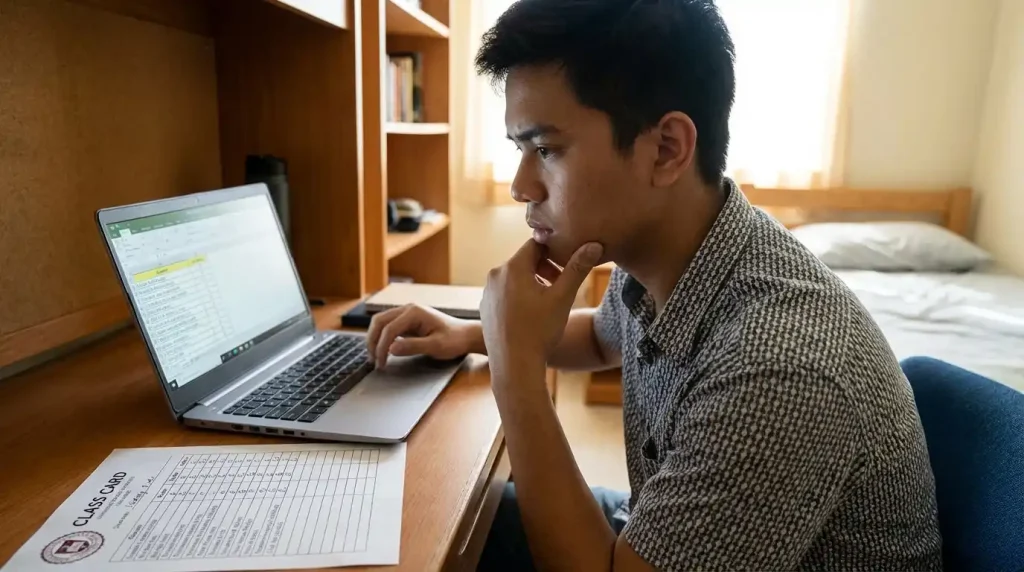 Filipino student checking grades on laptop using a GWA calculator — General Weighted Average tracking Philippines