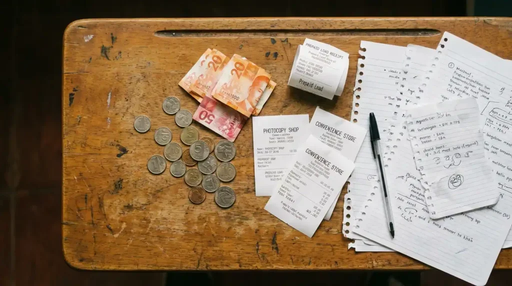 Filipino student counting loose change and receipts on a desk with school supplies — hidden college expenses Philippines