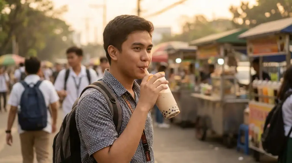 Filipino college student holding milk tea drink outside campus gate with other students in background — impulse spending college Philippines