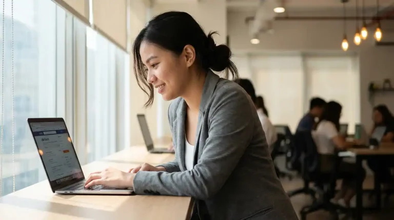 A young Filipino professional reviewing job opportunities on a laptop in a modern Manila office setting