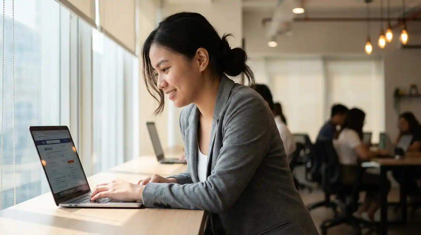 A young Filipino professional reviewing job opportunities on a laptop in a modern Manila office setting
